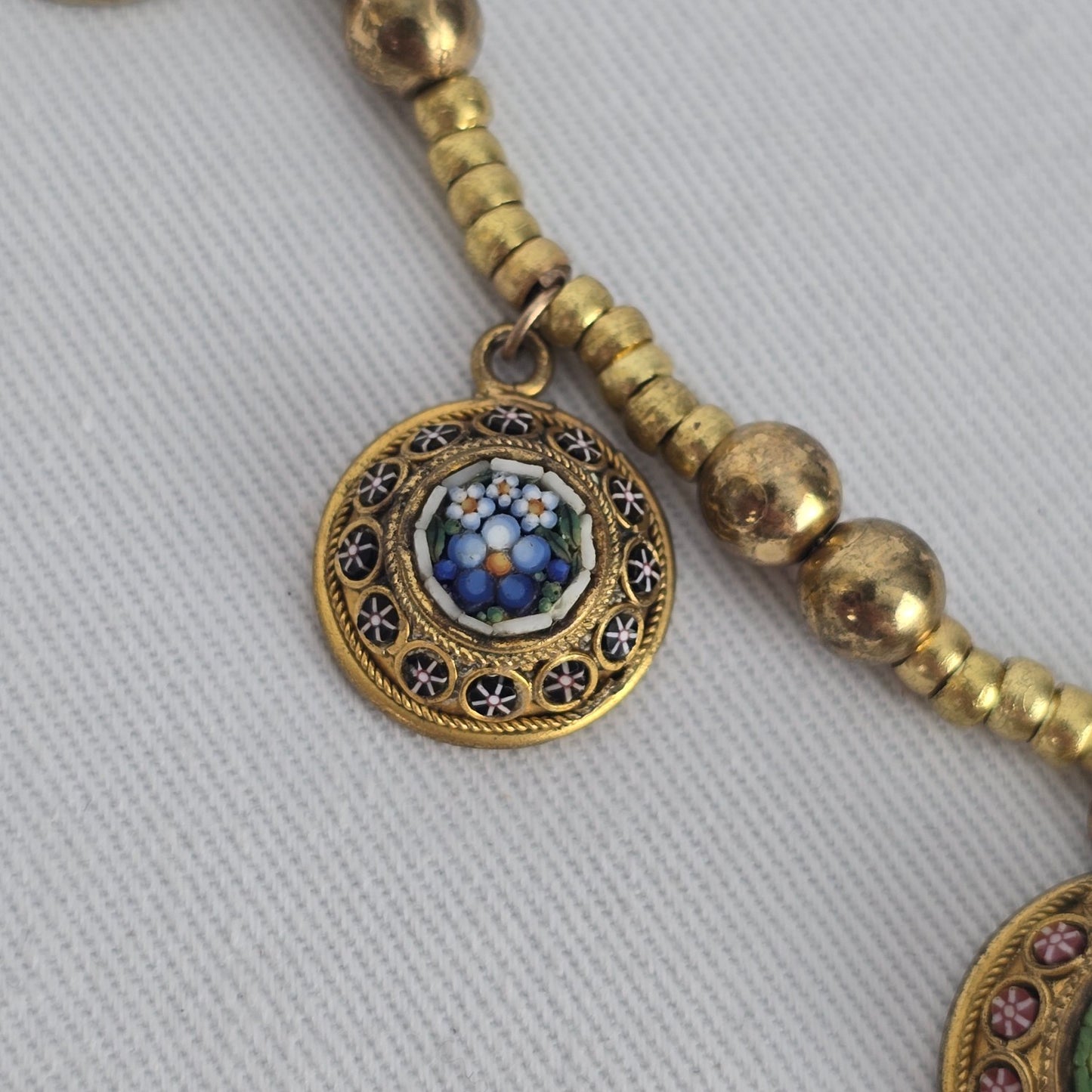 Vintage Micro Mosaic Necklace Floral Charm Drops Gold Tone Statement Necklace