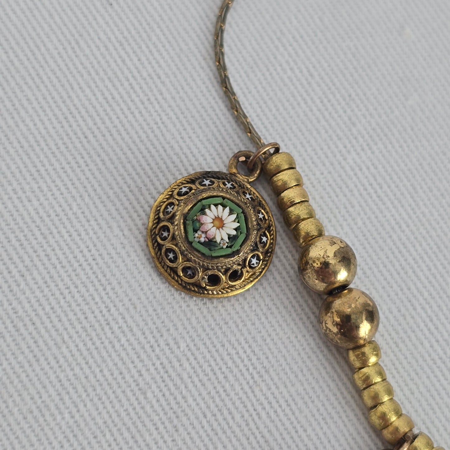 Vintage Micro Mosaic Necklace Floral Charm Drops Gold Tone Statement Necklace