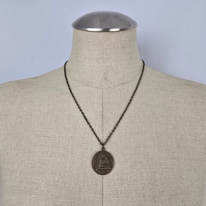 Vintage Buddhist Medallion Coin Necklace Zodiac Goat Bronze Tone Chain