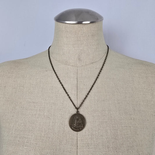 Vintage Buddhist Medallion Coin Necklace Zodiac Goat Bronze Tone Chain