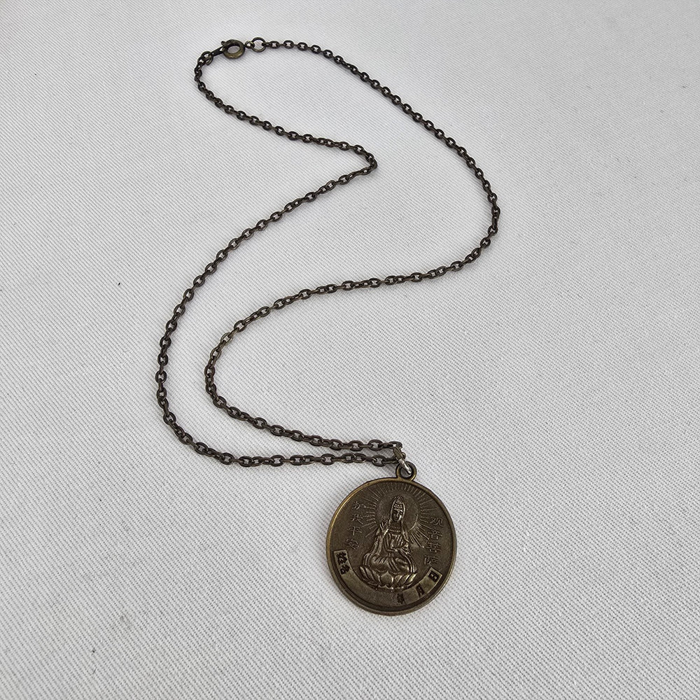 Vintage Buddhist Medallion Coin Necklace Zodiac Goat Bronze Tone Chain