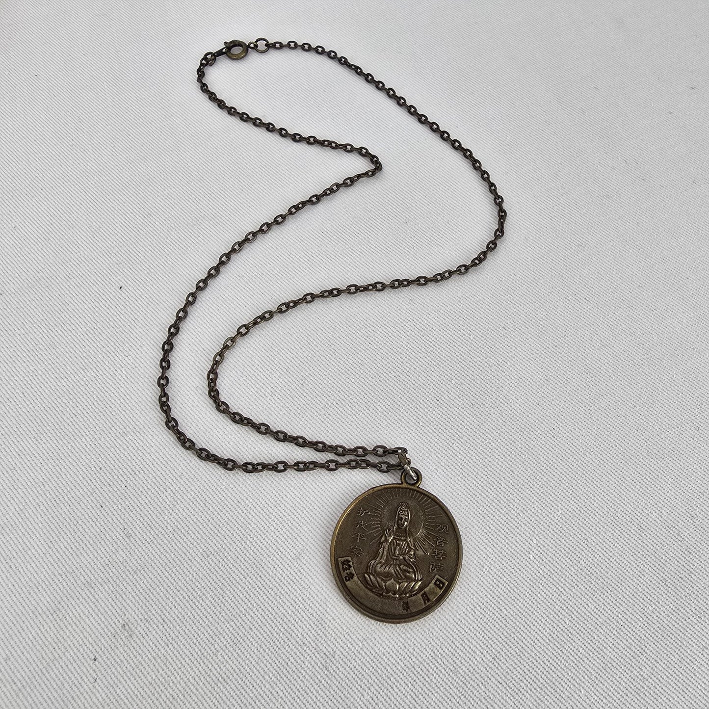 Vintage Buddhist Medallion Coin Necklace Zodiac Goat Bronze Tone Chain