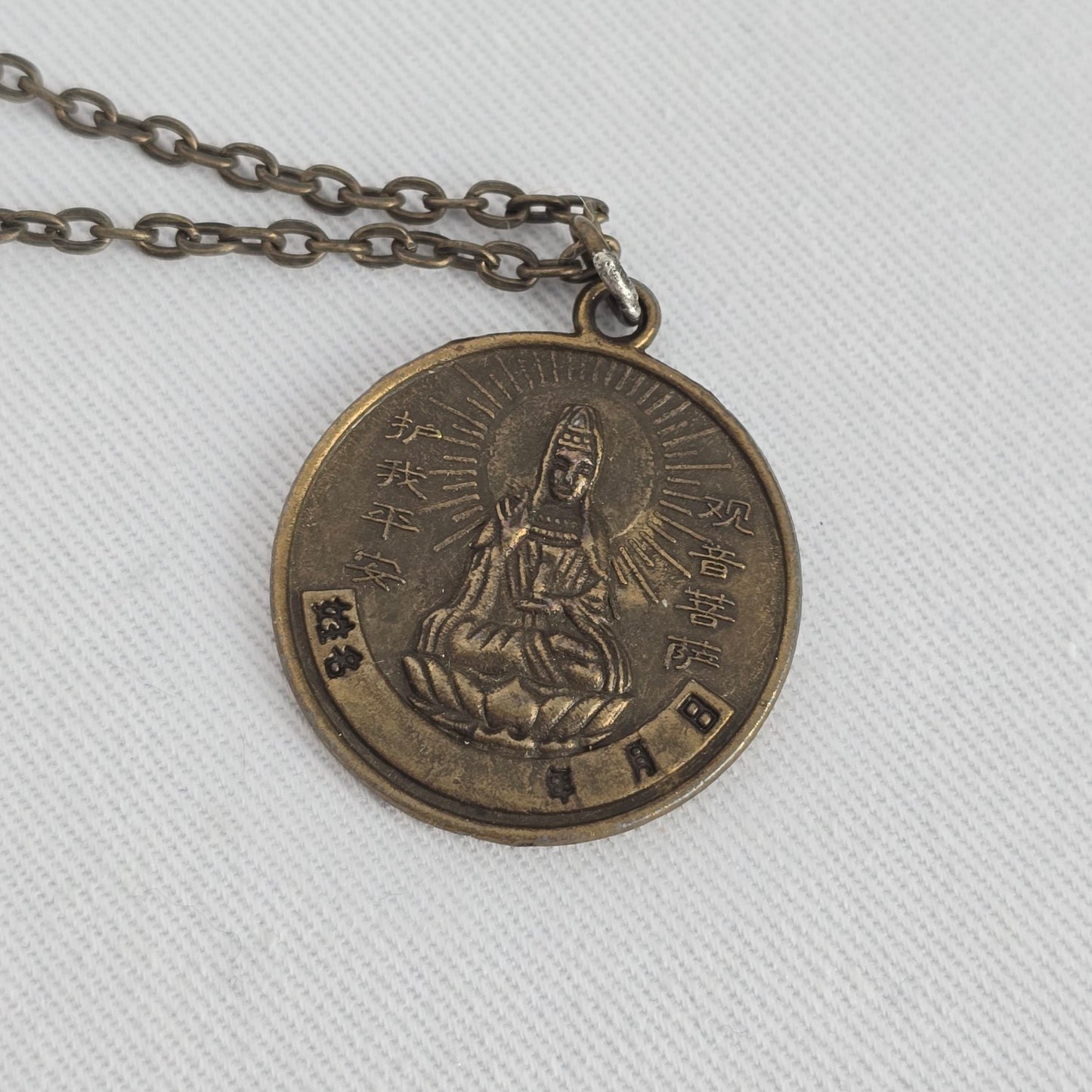 Vintage Buddhist Medallion Coin Necklace Zodiac Goat Bronze Tone Chain
