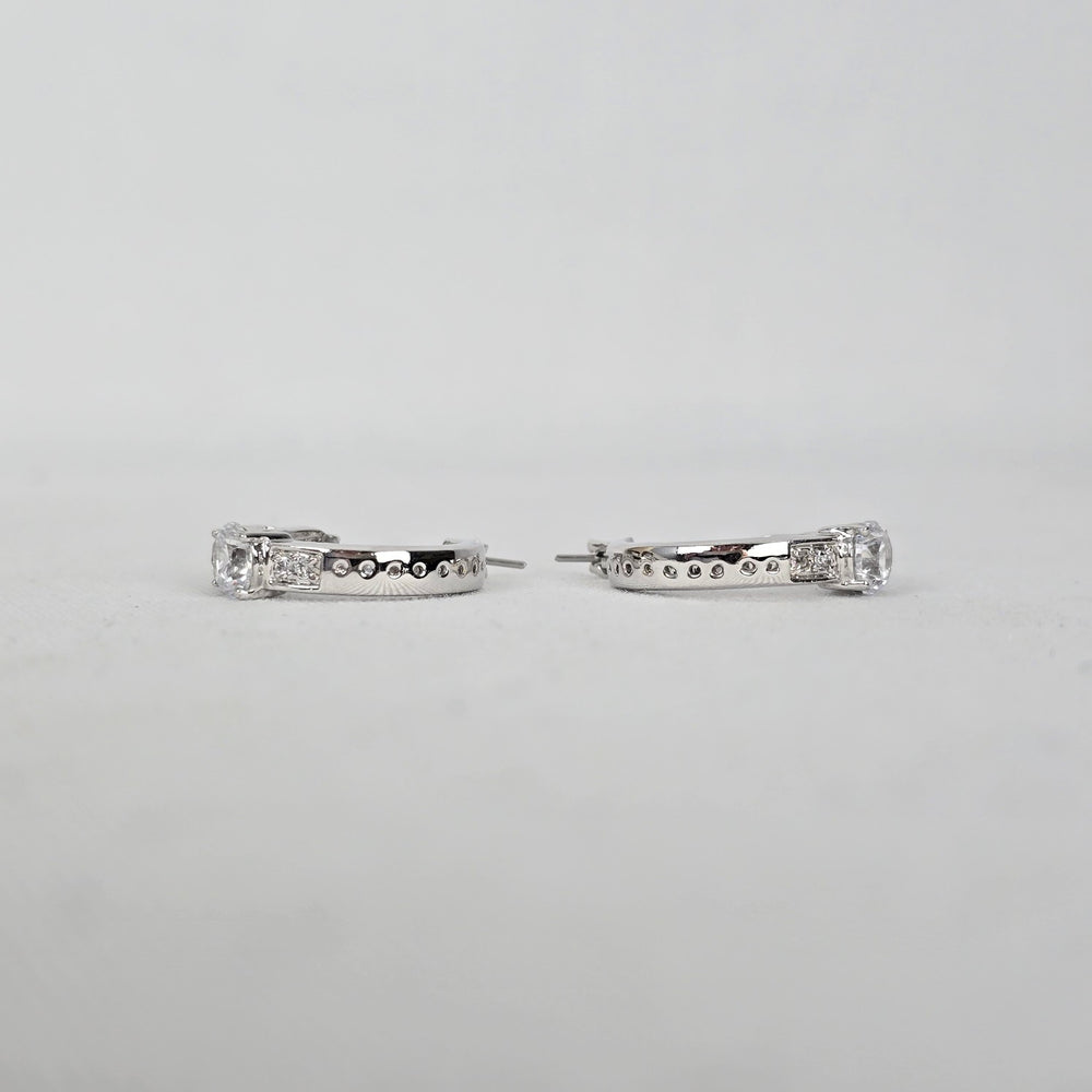 Silver Tone Cubic Zirconia Hoop Earrings Round Cut CZ Sparkly Hoops