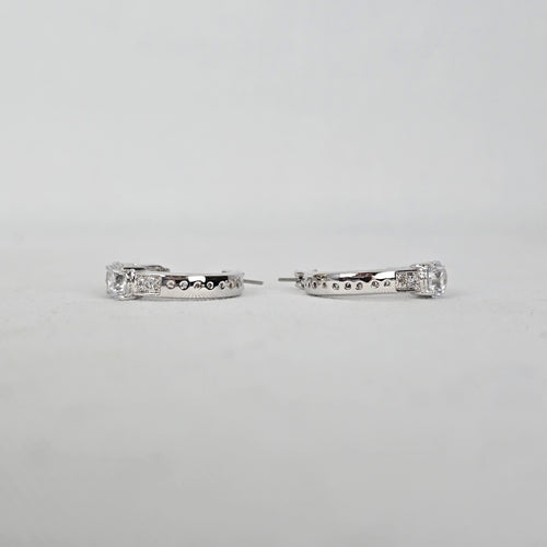 Silver Tone Cubic Zirconia Hoop Earrings Round Cut CZ Sparkly Hoops