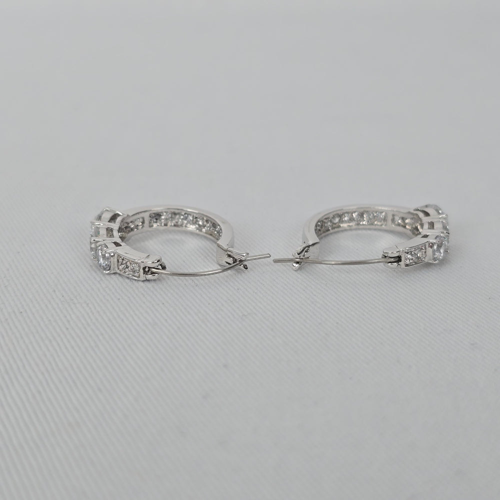Silver Tone Cubic Zirconia Hoop Earrings Round Cut CZ Sparkly Hoops