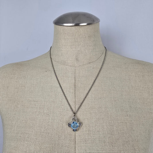 Vintage Blue Glass Stone Pendant Necklace Silver Tone Floral Setting Fossil Chain