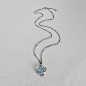 Vintage Blue Glass Stone Pendant Necklace Silver Tone Floral Setting Fossil Chain