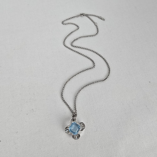 Vintage Blue Glass Stone Pendant Necklace Silver Tone Floral Setting Fossil Chain