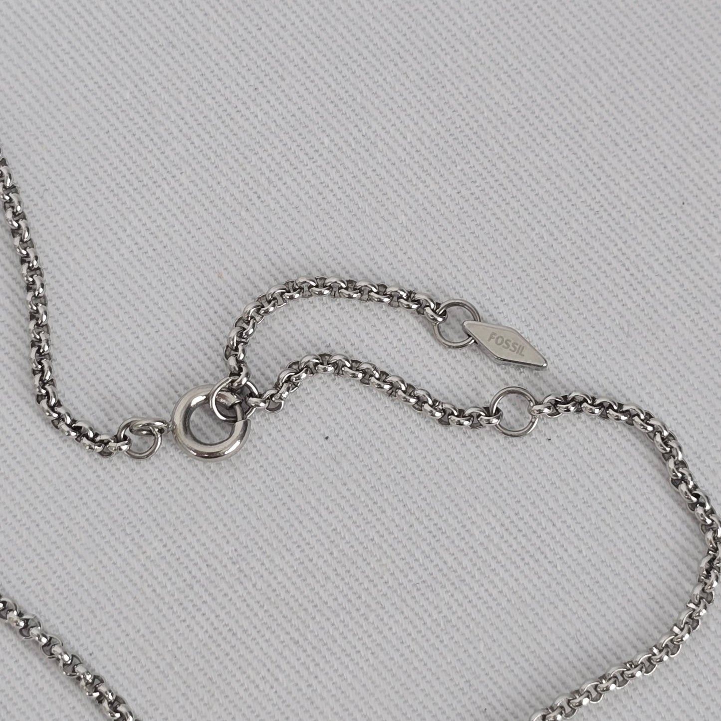 Vintage Blue Glass Stone Pendant Necklace Silver Tone Floral Setting Fossil Chain