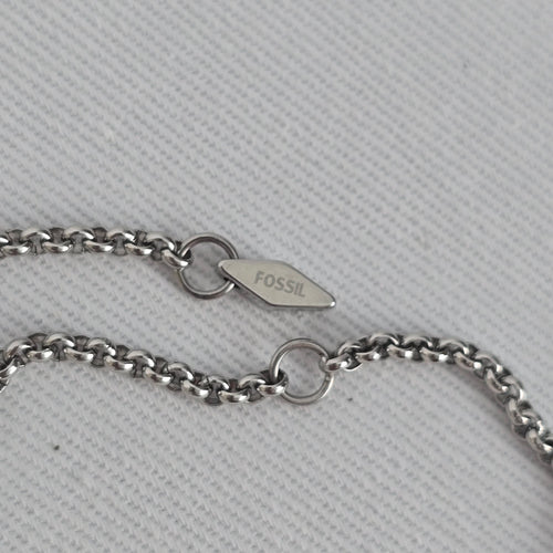 Vintage Blue Glass Stone Pendant Necklace Silver Tone Floral Setting Fossil Chain