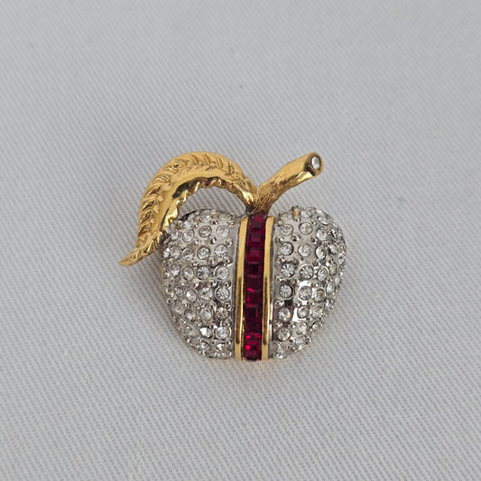 Vintage Butler Apple Brooch Gold Tone Rhinestone Crystal Fruit Pin Red Stripe