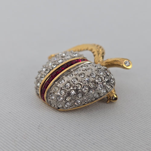 Vintage Butler Apple Brooch Gold Tone Rhinestone Crystal Fruit Pin Red Stripe