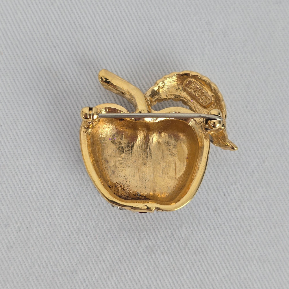 Vintage Butler Apple Brooch Gold Tone Rhinestone Crystal Fruit Pin Red Stripe