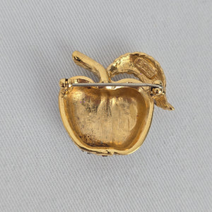 Vintage Butler Apple Brooch Gold Tone Rhinestone Crystal Fruit Pin Red Stripe