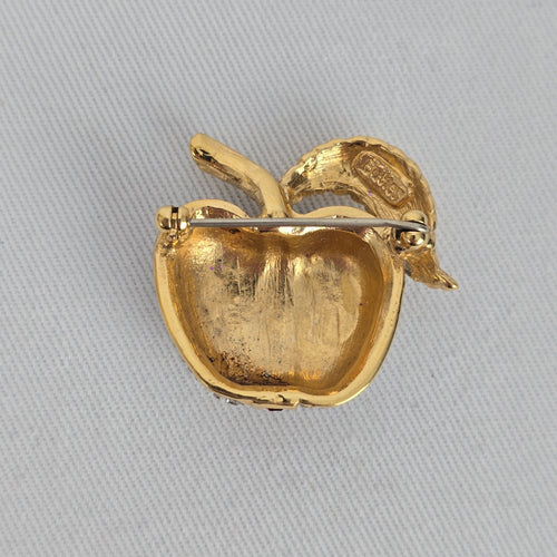 Vintage Butler Apple Brooch Gold Tone Rhinestone Crystal Fruit Pin Red Stripe