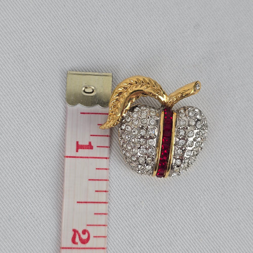 Vintage Butler Apple Brooch Gold Tone Rhinestone Crystal Fruit Pin Red Stripe