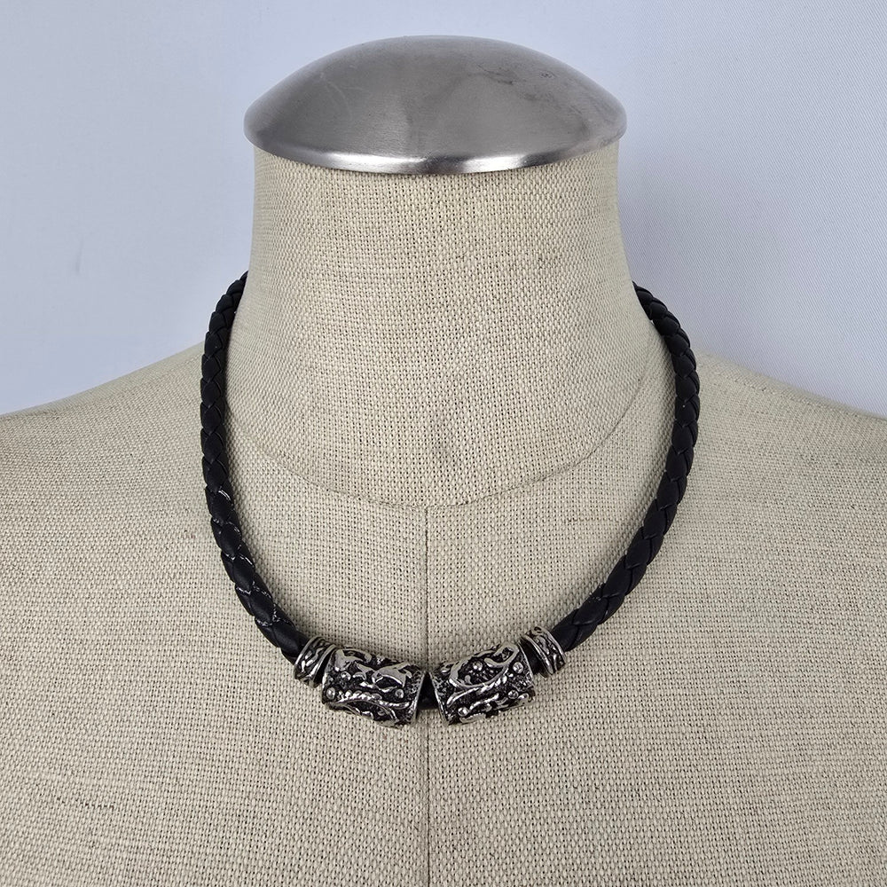 Braided Leather Necklace Silver Tone Tribal Pendant Chunky Statement Cord