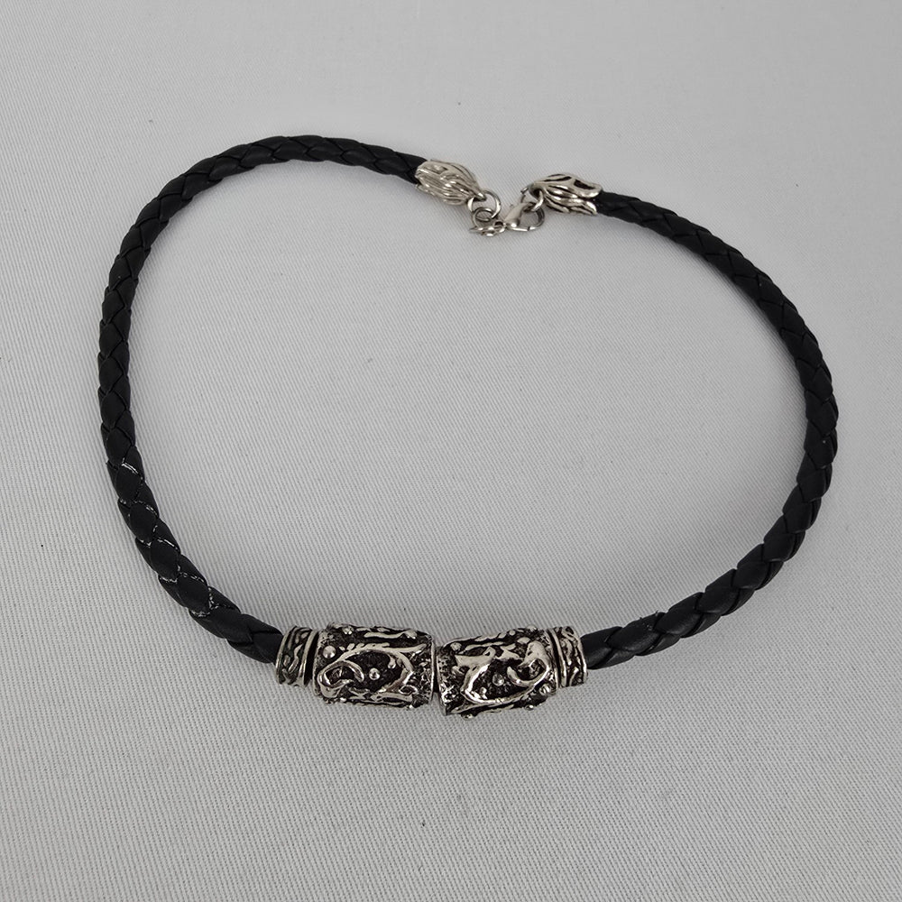 Braided Leather Necklace Silver Tone Tribal Pendant Chunky Statement Cord
