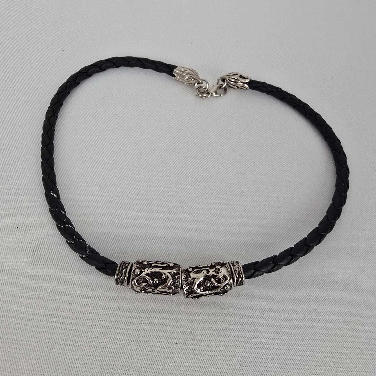 Braided Leather Necklace Silver Tone Tribal Pendant Chunky Statement Cord