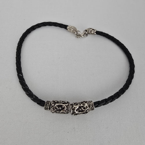 Braided Leather Necklace Silver Tone Tribal Pendant Chunky Statement Cord