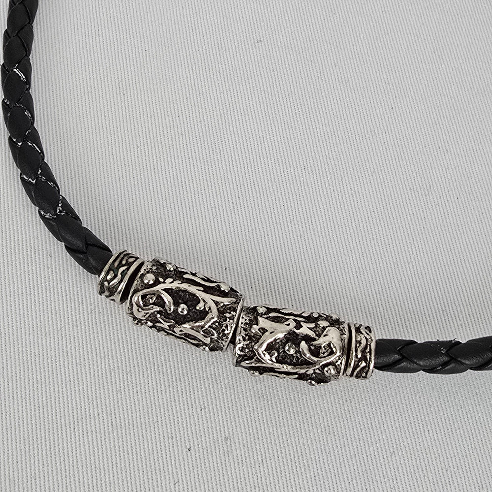 Braided Leather Necklace Silver Tone Tribal Pendant Chunky Statement Cord