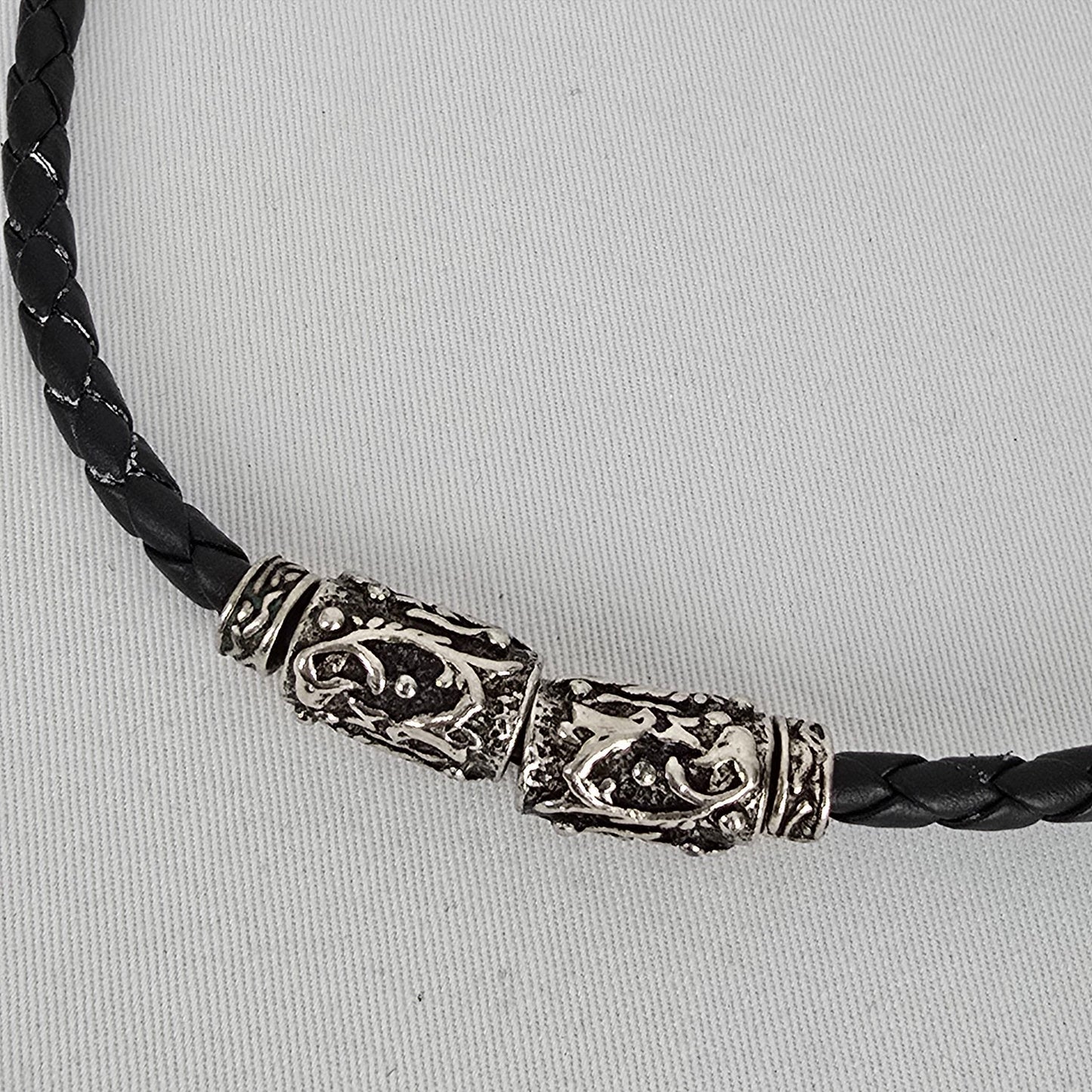 Braided Leather Necklace Silver Tone Tribal Pendant Chunky Statement Cord