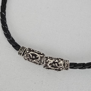 Braided Leather Necklace Silver Tone Tribal Pendant Chunky Statement Cord