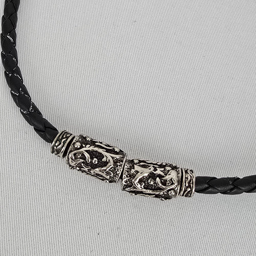 Braided Leather Necklace Silver Tone Tribal Pendant Chunky Statement Cord