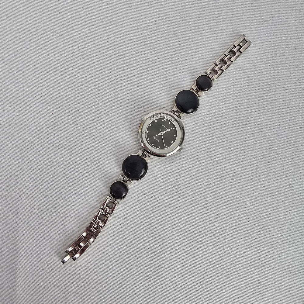 Nygard Quartz Bracelet Watch Silver Tone Black Cabochon Links Crystal Dial