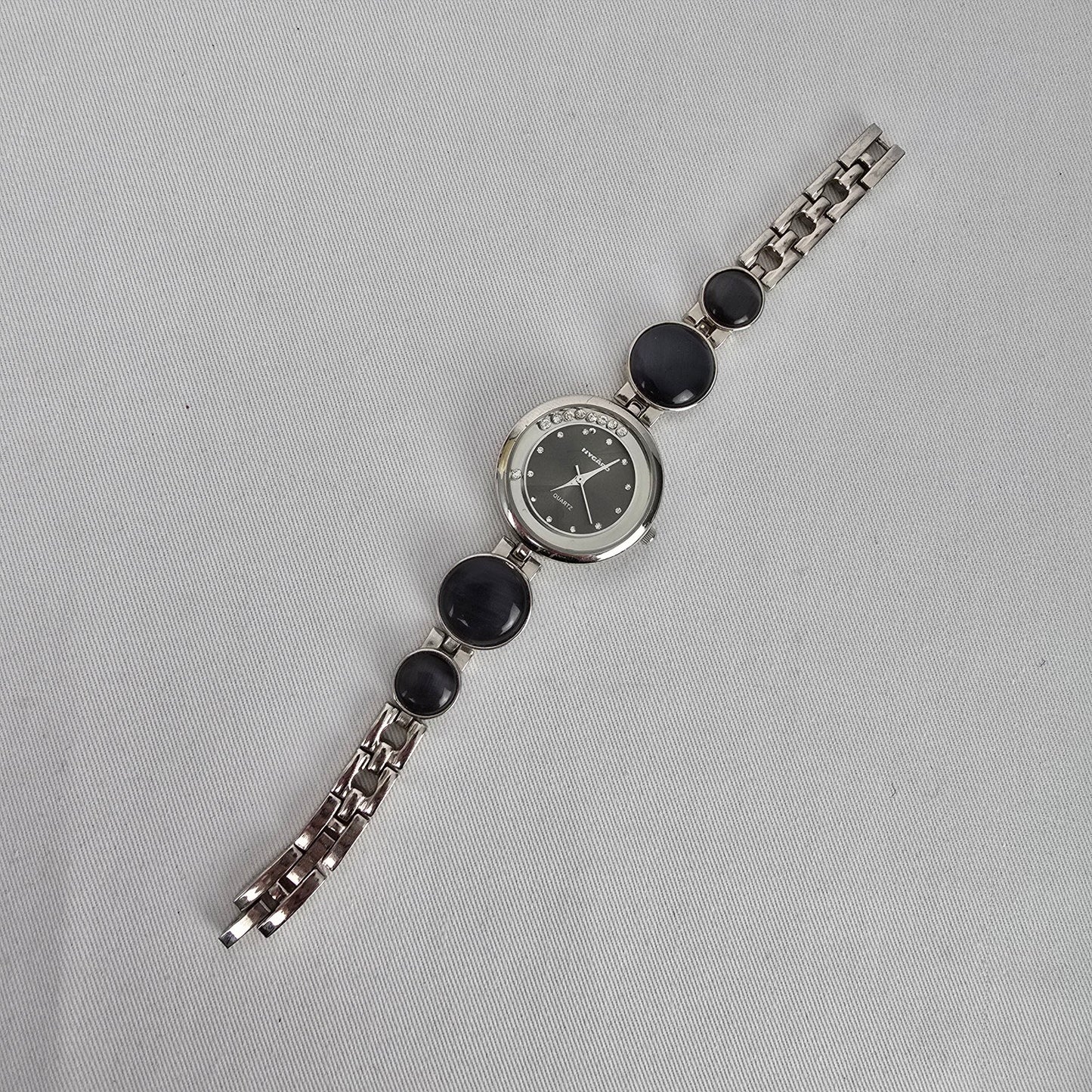 Nygard Quartz Bracelet Watch Silver Tone Black Cabochon Links Crystal Dial