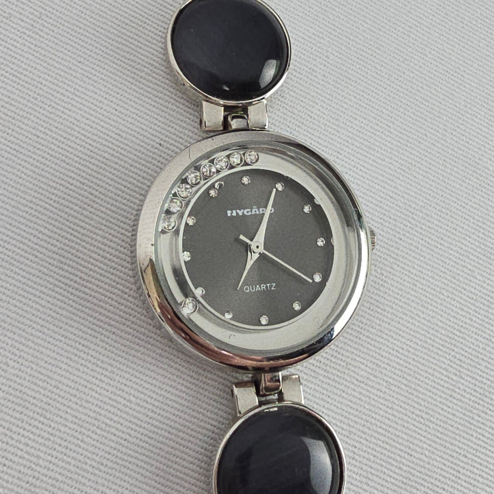 Nygard Quartz Bracelet Watch Silver Tone Black Cabochon Links Crystal Dial