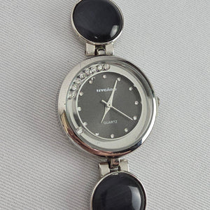Nygard Quartz Bracelet Watch Silver Tone Black Cabochon Links Crystal Dial