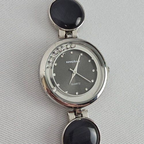 Nygard Quartz Bracelet Watch Silver Tone Black Cabochon Links Crystal Dial