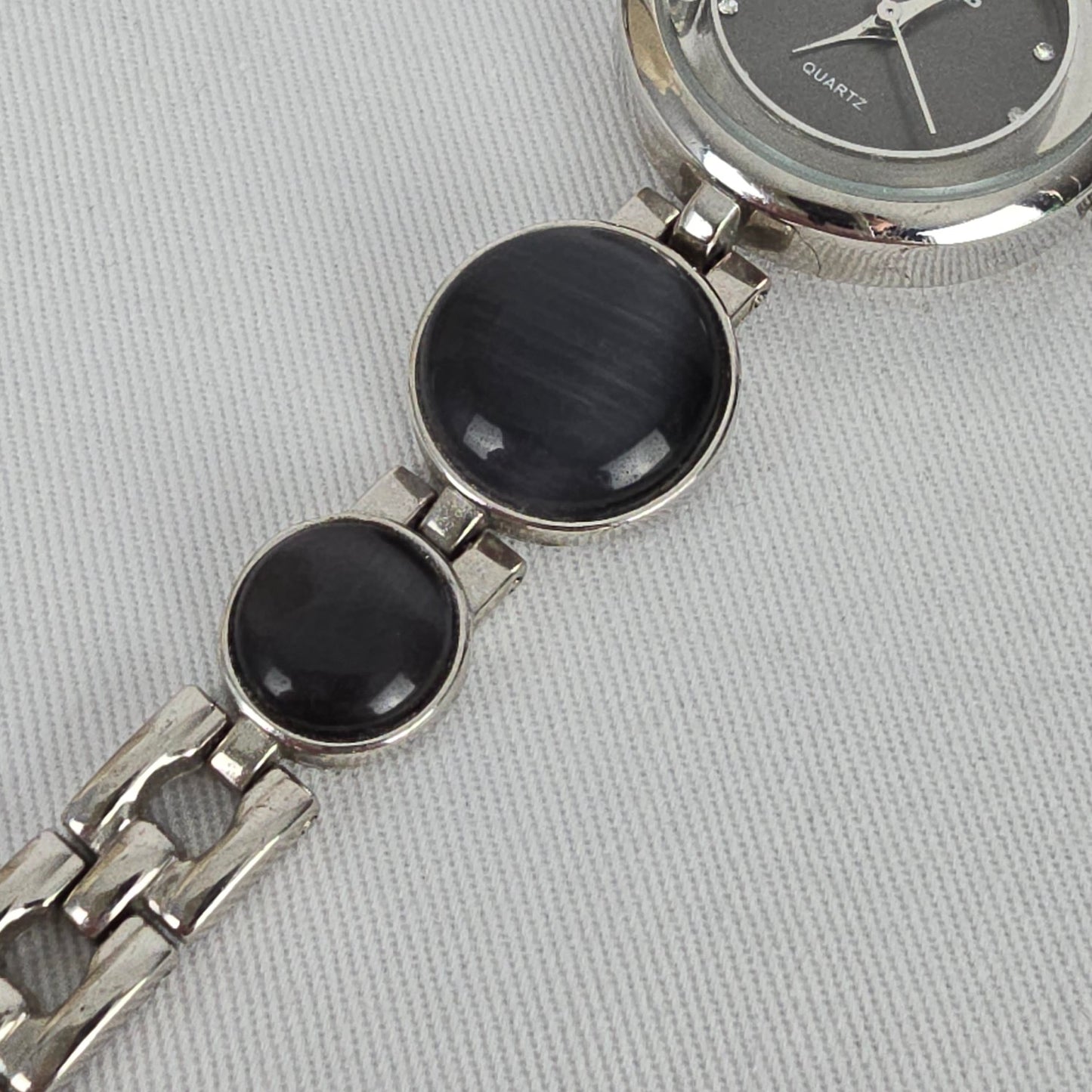 Nygard Quartz Bracelet Watch Silver Tone Black Cabochon Links Crystal Dial