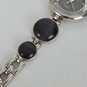 Nygard Quartz Bracelet Watch Silver Tone Black Cabochon Links Crystal Dial