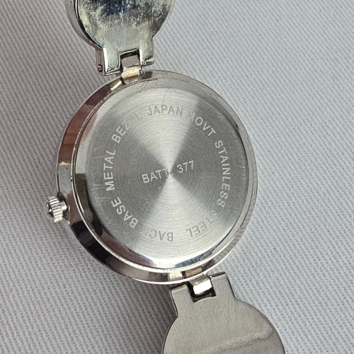 Nygard Quartz Bracelet Watch Silver Tone Black Cabochon Links Crystal Dial