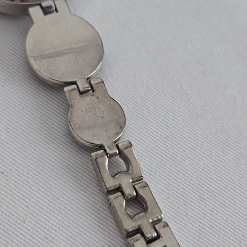 Nygard Quartz Bracelet Watch Silver Tone Black Cabochon Links Crystal Dial