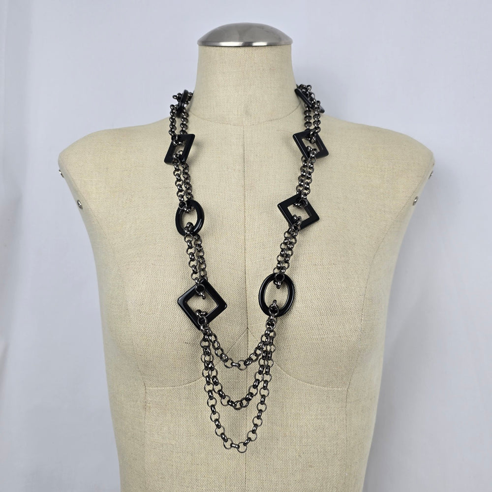 Statement Black Necklace Gunmetal Chain Links Acrylic Square Geometric