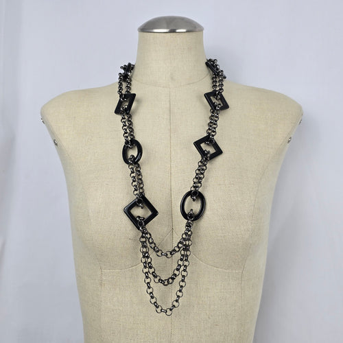 Statement Black Necklace Gunmetal Chain Links Acrylic Square Geometric