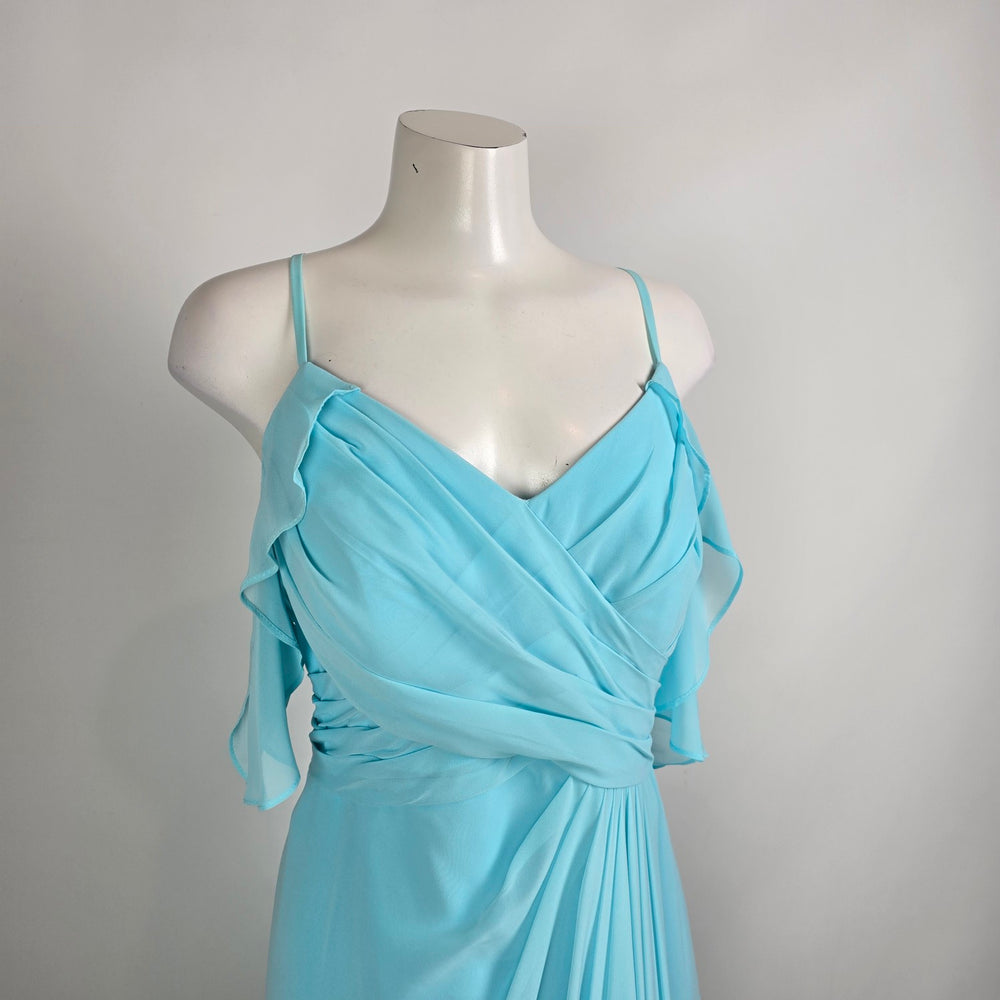 Azazie Blue Chiffon Bridesmaid Dress Draped Maxi Formal Size L