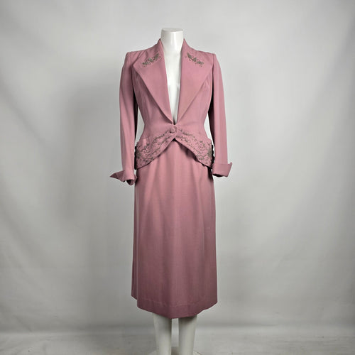 Vintage Pink Beaded Skirt Suit Set with Embellished Tailored Jacket Sz S
