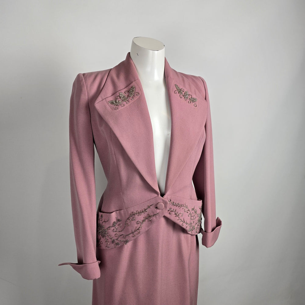 Vintage Pink Beaded Skirt Suit Set with Embellished Tailored Jacket Sz S