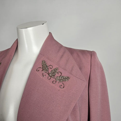 Vintage Pink Beaded Skirt Suit Set with Embellished Tailored Jacket Sz S