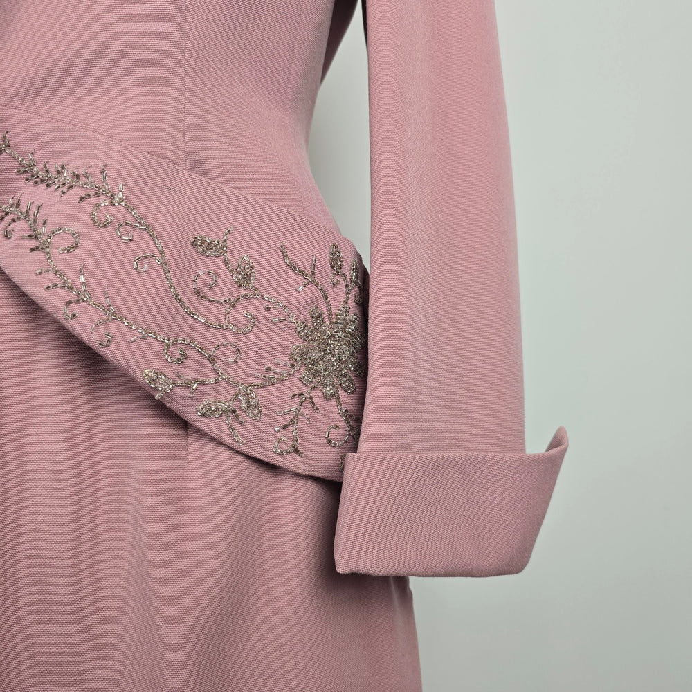 Vintage Pink Beaded Skirt Suit Set with Embellished Tailored Jacket Sz S