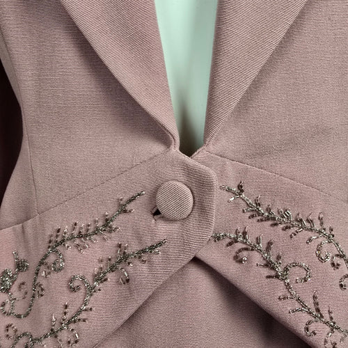 Vintage Pink Beaded Skirt Suit Set with Embellished Tailored Jacket Sz S
