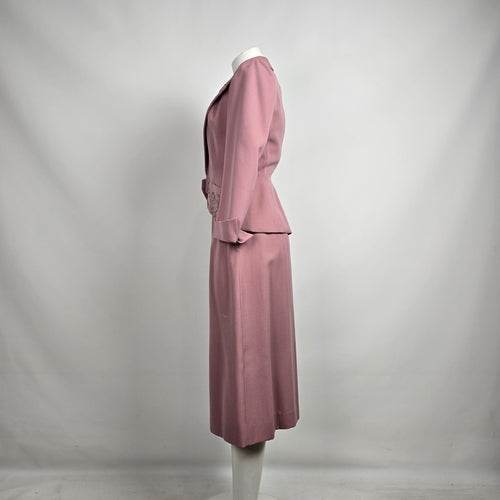 Vintage Pink Beaded Skirt Suit Set with Embellished Tailored Jacket Sz S