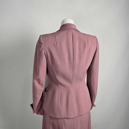 Vintage Pink Beaded Skirt Suit Set with Embellished Tailored Jacket Sz S