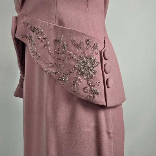 Vintage Pink Beaded Skirt Suit Set with Embellished Tailored Jacket Sz S