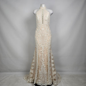 Lace Wedding Dress Nude Illusion Halter Mermaid Gown Size 10